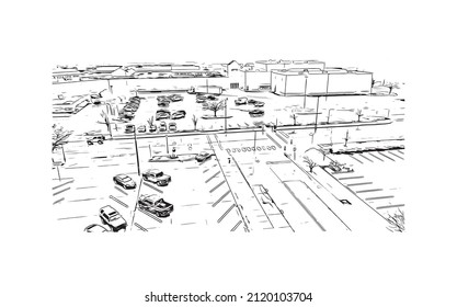 Building view with landmark of Manhattan is the most densely   populated place in New York City. Hand drawn sketch illustration in vector.