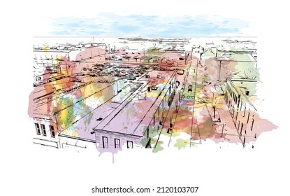 Building view with landmark of Manhattan is the most densely   populated place in New York City. Watercolor splash with hand drawn sketch illustration in vector.