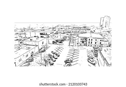 Der Blick auf das Gebäude mit Wahrzeichen Manhattans ist am dichtesten   bevölkerter Ort in New York City. Handgezeichnete Skizzengrafik in Vektorgrafik.