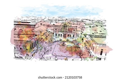 Building view with landmark of Manhattan is the most densely   populated place in New York City. Watercolor splash with hand drawn sketch illustration in vector.