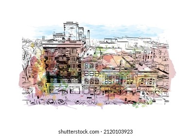 Building view with landmark of Manhattan is the most densely   populated place in New York City. Watercolor splash with hand drawn sketch illustration in vector.