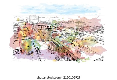 Building view with landmark of Manhattan is the most densely   populated place in New York City. Watercolor splash with hand drawn sketch illustration in vector.
