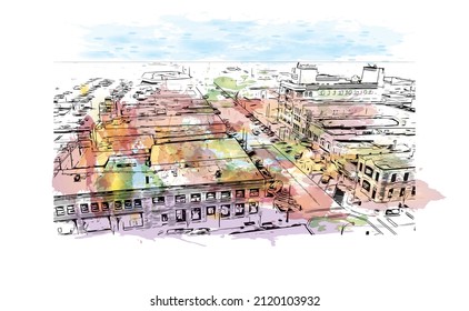 La vista de edificios con monumentos de Manhattan es la más densa   lugar poblado en la ciudad de Nueva York. Salto de color de agua con ilustración de esbozo dibujada a mano en vector.