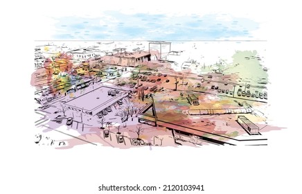 Der Blick auf das Gebäude mit Wahrzeichen Manhattans ist am dichtesten   bevölkerter Ort in New York City. Aquarellspritzer mit handgezeichneter Skizzengrafik in Vektorgrafik.