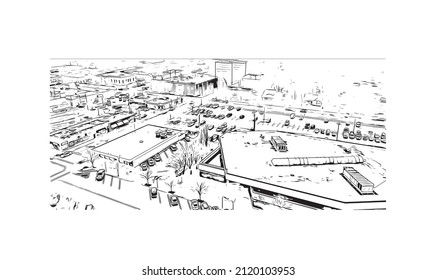 Building view with landmark of Manhattan is the most densely   populated place in New York City. Hand drawn sketch illustration in vector.