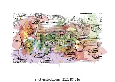 Building view with landmark of Manhattan is the most densely   populated place in New York City. Watercolor splash with hand drawn sketch illustration in vector.