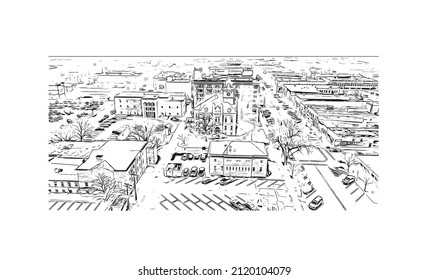 La vista de edificios con monumentos de Manhattan es la más densa   lugar poblado en la ciudad de Nueva York. Dibujo a mano de ilustración de esbozo en vector.