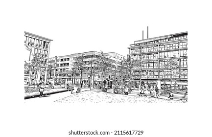 Building view with landmark of Mannheim is a city in southwest Germany. Hand drawn sketch illustration in vector.
