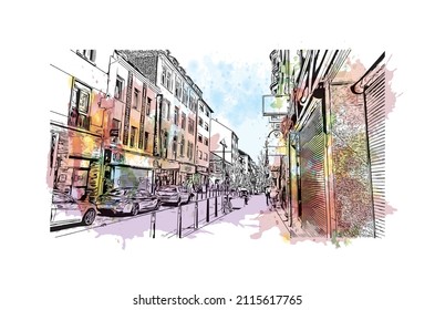 Vista de edificios con monumentos de Mannheim es una ciudad en el suroeste de Alemania. Salto de color de agua con ilustración de esbozo dibujada a mano en vector.