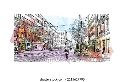 Building view with landmark of Mannheim is a city in southwest Germany. Watercolor splash with hand drawn sketch illustration in vector.