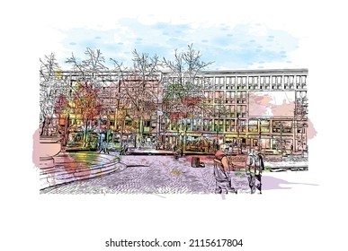 Die Bausicht mit Wahrzeichen Mannheims ist eine Stadt im Südwesten Deutschlands. Aquarellspritzer mit handgezeichneter Skizzengrafik in Vektorgrafik.