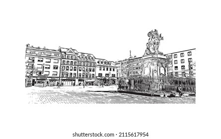 Building view with landmark of Mannheim is a city in southwest Germany. Hand drawn sketch illustration in vector.