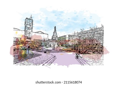 Building view with landmark of Mannheim is a city in southwest Germany. Watercolor splash with hand drawn sketch illustration in vector.