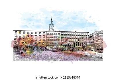 Building view with landmark of Mannheim is a city in southwest Germany. Watercolor splash with hand drawn sketch illustration in vector.