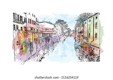 Building view with landmark of Mantua is the 
city in Italy. Watercolor splash with hand drawn sketch illustration in vector.