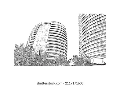 Building view with landmark of Maputo is the 
capital of Mozambique. Hand drawn sketch illustration in vector.