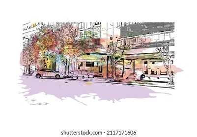 Building view with landmark of Maputo is the 
capital of Mozambique. Watercolor splash with hand drawn sketch illustration in vector.