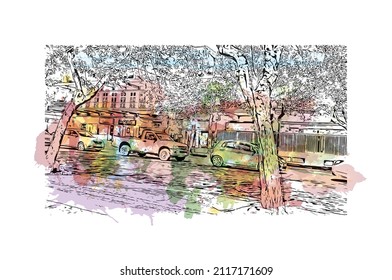 Der Ausblick auf das Gebäude mit Wahrzeichen von Maputo ist der 
Hauptstadt Mosambiks. Aquarellspritzer mit handgezeichneter Skizzengrafik in Vektorgrafik.