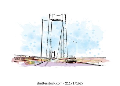 La vista de edificios con un punto de referencia en Maputo es el 
capital de Mozambique. Salto de color de agua con ilustración de esbozo dibujada a mano en vector.