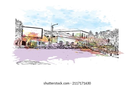 Building view with landmark of Maputo is the 
capital of Mozambique. Watercolor splash with hand drawn sketch illustration in vector.