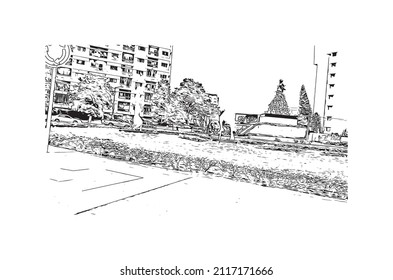 Der Ausblick auf das Gebäude mit Wahrzeichen von Maputo ist der 
Hauptstadt Mosambiks. Handgezeichnete Skizzengrafik in Vektorgrafik.