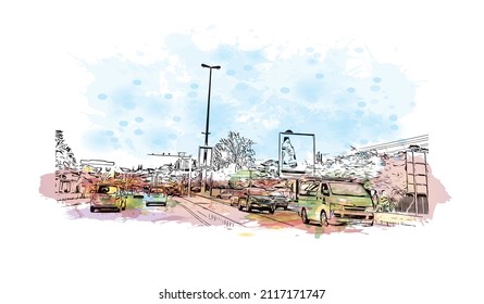 Building view with landmark of Maputo is the 
capital of Mozambique. Watercolor splash with hand drawn sketch illustration in vector.