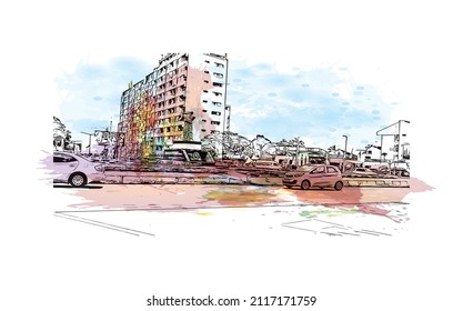 Building view with landmark of Maputo is the 
capital of Mozambique. Watercolor splash with hand drawn sketch illustration in vector.