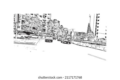 La vista de edificios con un punto de referencia en Maputo es el 
capital de Mozambique. Dibujo a mano de ilustración de esbozo en vector.