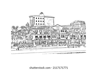 La vista de edificios con un punto de referencia en Maputo es el 
capital de Mozambique. Dibujo a mano de ilustración de esbozo en vector.