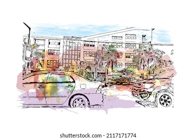 Building view with landmark of Maputo is the 
capital of Mozambique. Watercolor splash with hand drawn sketch illustration in vector.
