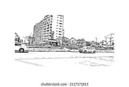Building view with landmark of Maputo is the 
capital of Mozambique. Hand drawn sketch illustration in vector.