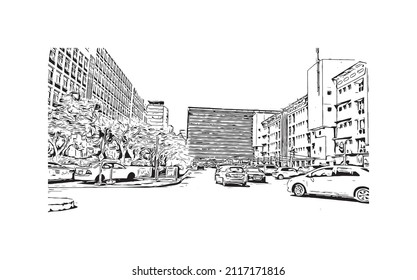 Der Ausblick auf das Gebäude mit Wahrzeichen von Maputo ist der 
Hauptstadt Mosambiks. Handgezeichnete Skizzengrafik in Vektorgrafik.
