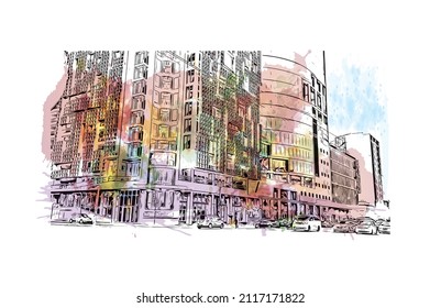 La vista de edificios con un punto de referencia en Maputo es el 
capital de Mozambique. Salto de color de agua con ilustración de esbozo dibujada a mano en vector.