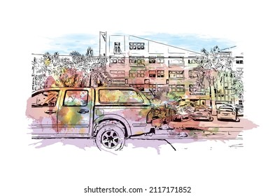 Building view with landmark of Maputo is the 
capital of Mozambique. Watercolor splash with hand drawn sketch illustration in vector.