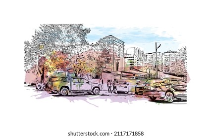 Building view with landmark of Maputo is the 
capital of Mozambique. Watercolor splash with hand drawn sketch illustration in vector.