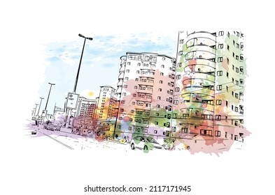 Building view with landmark of Maputo is the 
capital of Mozambique. Watercolor splash with hand drawn sketch illustration in vector.