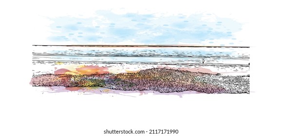 La vista de edificios con un punto de referencia en Maputo es el 
capital de Mozambique. Salto de color de agua con ilustración de esbozo dibujada a mano en vector.