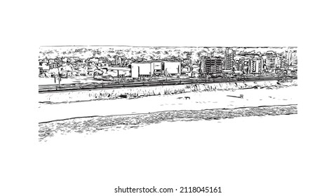 Building view with landmark of Mar del Plata is the 
city in Argentina. Hand drawn sketch illustration in vector.