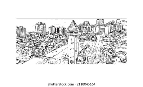 Building view with landmark of Mar del Plata is the 
city in Argentina. Hand drawn sketch illustration in vector.