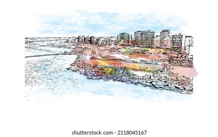 Building view with landmark of Mar del Plata is the 
city in Argentina. Watercolor splash with hand drawn sketch illustration in vector.