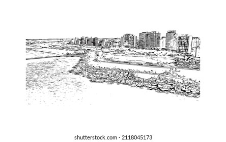 Building view with landmark of Mar del Plata is the 
city in Argentina. Hand drawn sketch illustration in vector.