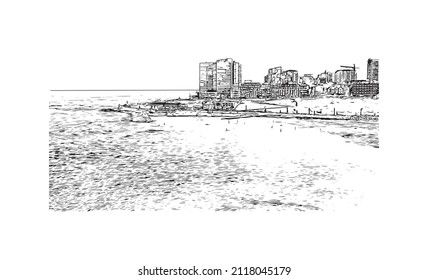 Der Ausblick auf das Gebäude mit Wahrzeichen des Mar del Plata ist der 
Stadt in Argentinien. Handgezeichnete Skizzengrafik in Vektorgrafik.