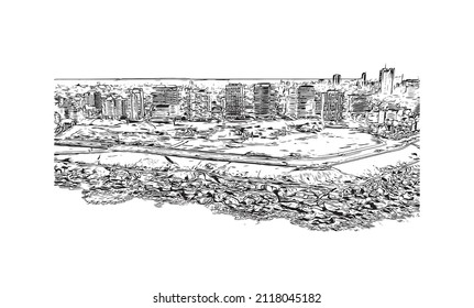 Building view with landmark of Mar del Plata is the 
city in Argentina. Hand drawn sketch illustration in vector.