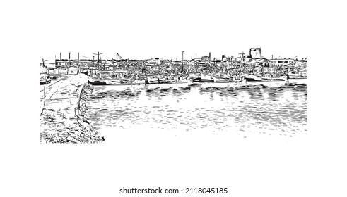 Building view with landmark of Mar del Plata is the 
city in Argentina. Hand drawn sketch illustration in vector.