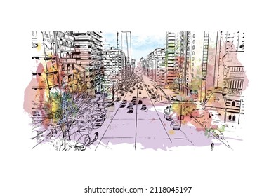 Building view with landmark of Mar del Plata is the 
city in Argentina. Watercolor splash with hand drawn sketch illustration in vector.