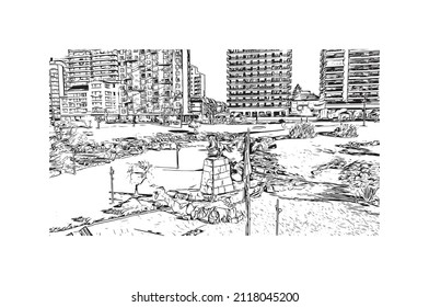 Building view with landmark of Mar del Plata is the 
city in Argentina. Hand drawn sketch illustration in vector.