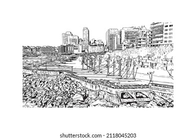 Building view with landmark of Mar del Plata is the 
city in Argentina. Hand drawn sketch illustration in vector.