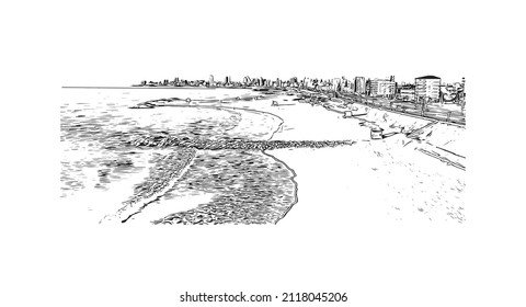 Building view with landmark of Mar del Plata is the 
city in Argentina. Hand drawn sketch illustration in vector.