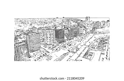 Building view with landmark of Mar del Plata is the 
city in Argentina. Hand drawn sketch illustration in vector.