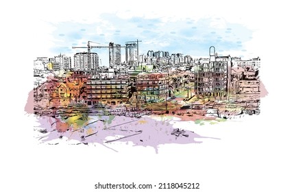 Building view with landmark of Mar del Plata is the 
city in Argentina. Watercolor splash with hand drawn sketch illustration in vector.